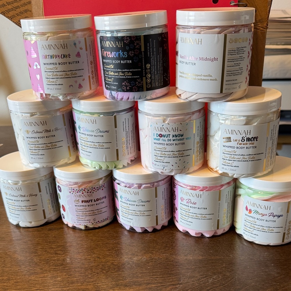 ONE (1) Aminnah Whipped Body Butter of your choice in various scents. 8 ounces.